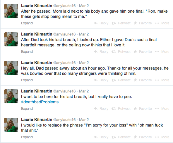 Tweets by Laurie Kilmartin as her father dies.